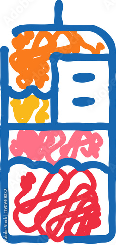 Stylized blue outline forming a rectangular shape, divided into compartments filled with chaotic, colorful scribbled lines and shapes, evoking an abstract or iconographic representation