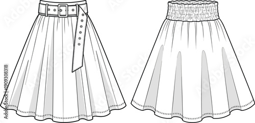 Fashionable Skirt Designs: Front and Back Views of a Flowy Skirt with Belt and Elastic Waistband for Apparel Design, Technical Drawings and Fashion Illustrations