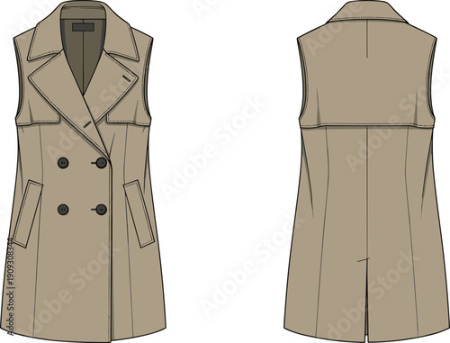 Fashionable Sleeveless Trench Coat Design Illustration: A Stylish Wardrobe Essential for Modern Women & Designers, Perfect for Fashion Illustration, Pattern Making & Apparel Design