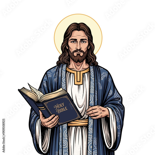 Jesus Christ holding Holy Bible in elegant blue robe