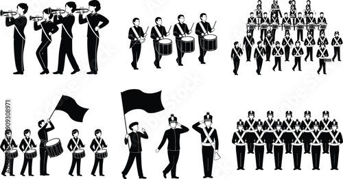 Marching band silhouettes illustration, musicians with wind instruments and drums, flag bearers, saluting leaders, ceremonial parade formation, performance ensemble concept