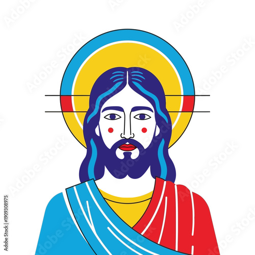 Vibrant illustration of Jesus Christ with colorful halo and robes