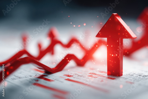 Red 3D arrows rise upward, symbolizing business growth.
