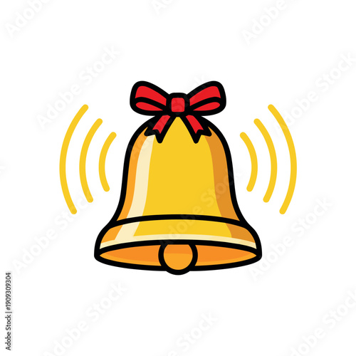 Vibrant yellow ringing bell with a red ribbon bow and motion lines, symbol for notification, school, or holiday celebration.