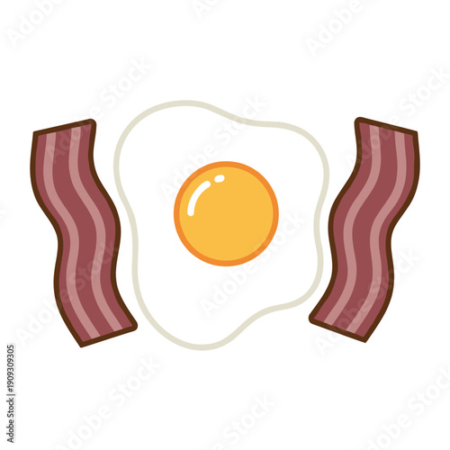 Cartoon illustration of a sunny-side up fried egg framed by two crispy strips of bacon, isolated on white background.