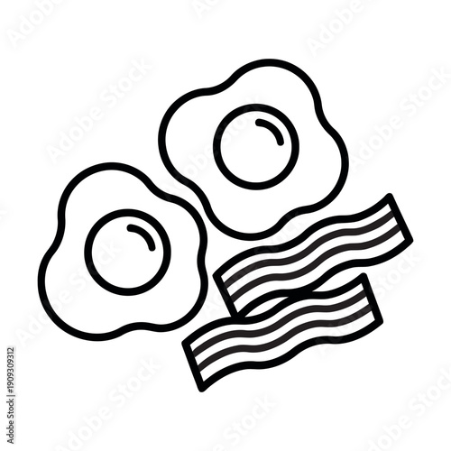 Minimalist line art illustration of two fried eggs and bacon strips, black and white food icon for menu and web design.