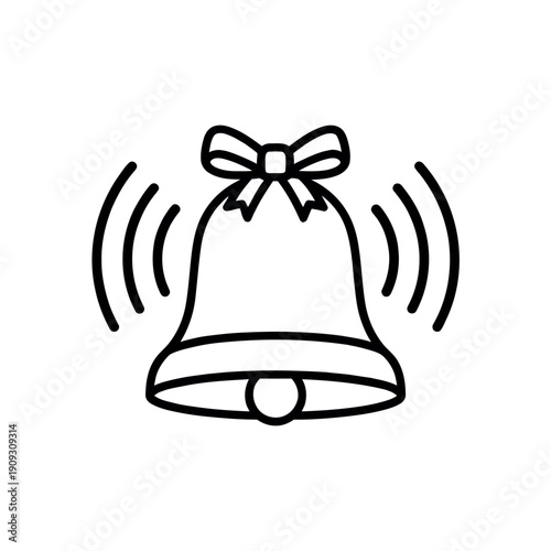 Black and white line art icon of a ringing bell with a ribbon bow, minimalist notification or holiday symbol vector.