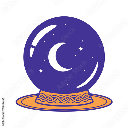 Mystical crystal ball illustration featuring a crescent moon and stars. Purple and orange magic orb icon for astrology, fortune telling, and occult.