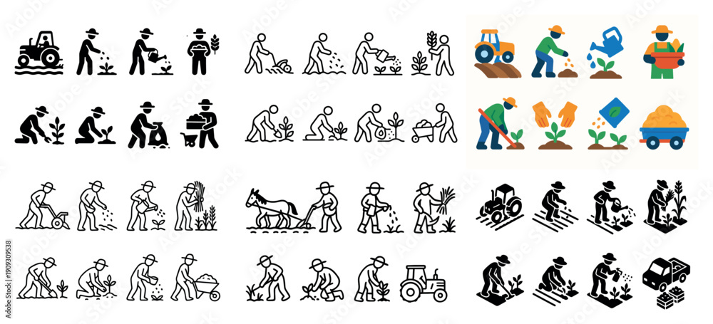 Fototapeta premium Farming icons set: agriculture tools and activities