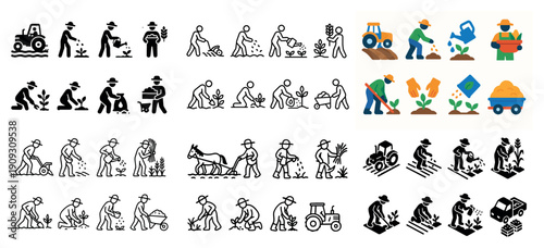 Farming icons set: agriculture tools and activities