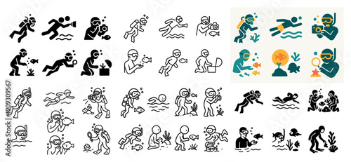 Scuba diving adventure icons and activities