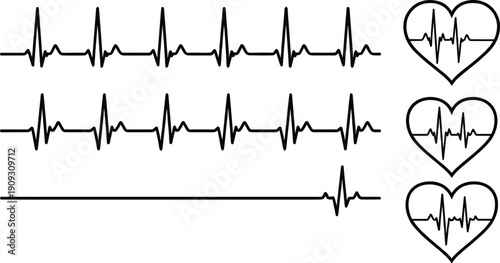 Heart Rate And Medical ECG Monitoring Line Icon Set Featuring Heartbeat Pulseline, Cardiology Health Diagnostics, Cardiovascular Rhythm, Hospital Pulse Tracking, And,