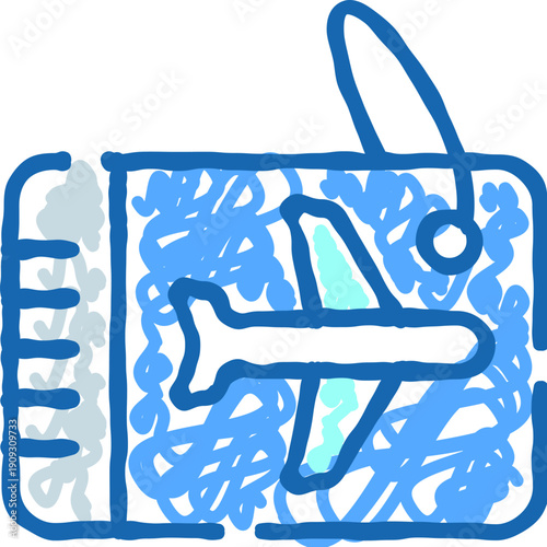 Airplane ticket with a simple, hand drawn blue outline and light blue fill, representing global travel, aviation, and booking for journeys and vacations