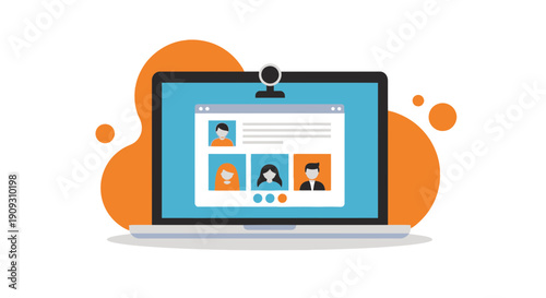 Laptop with Video Conference Screen Showing Diverse People Connecting Online