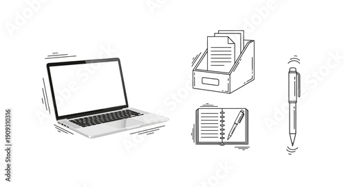 Laptop, Notebook, Pen and Document Holder - Business and Office Supplies Icon Set