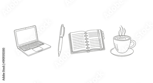 Laptop, Pen, Open Notebook, and Coffee Cup: Workspace Essentials