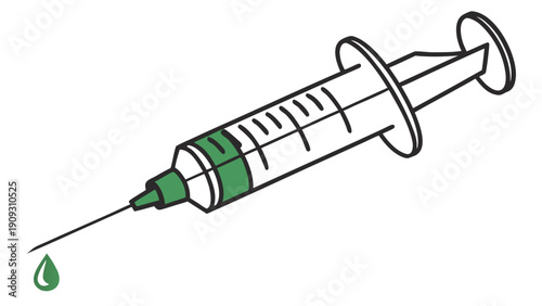 Simple line drawing of a syringe with green liquid.