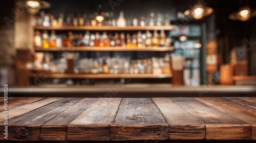 Rustic wooden tabletop against blurred bar