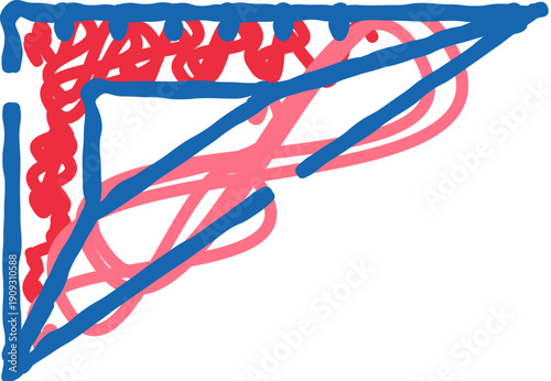 Chaotic blue and red scribbled lines forming an energetic doodle on a crisp white background, dynamic hand drawn line art conveying movement, texture and playful creativity