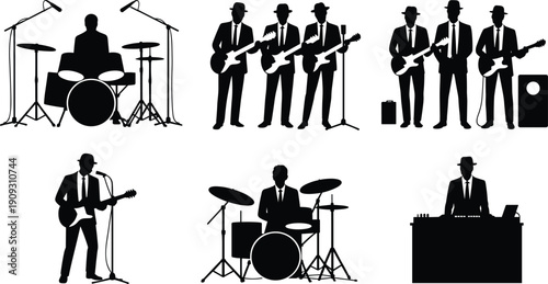 Musicians silhouettes illustration, drummers with drum sets, guitarists with microphones and amplifiers, DJ with mixing console, live band performance, formal stage concept
