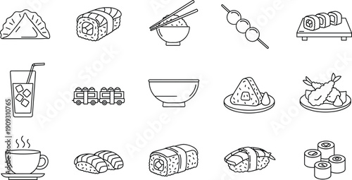 Japanese Food Outline Icons Set, Including Sushi, Rice, Tempura, Dumpling, Chopsticks, Cup of Tea, Dessert, and Asian Cuisine Vector Stock Illustration
