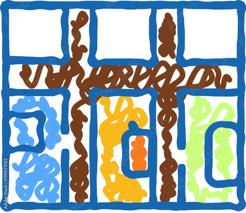 Abstract artwork featuring a blue grid pattern with colorful wavy shapes and scribble fillings, illustrating themes of confinement and organized complexity