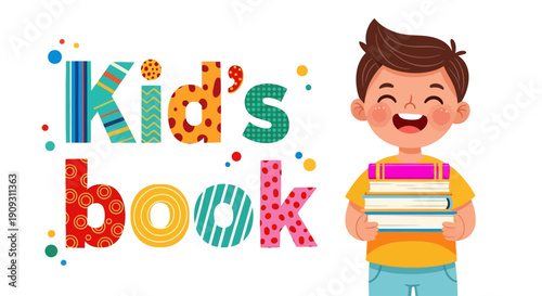 A young child happily holding multiple colorful children's books in an illustrated scene