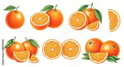 Assorted oranges and slices arranged neatly on a clean white background