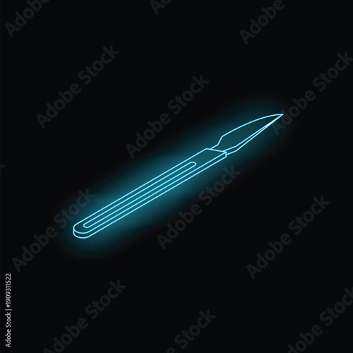 Neon blue scalpel glowing on a black background, perfect for medical and healthcare related designs