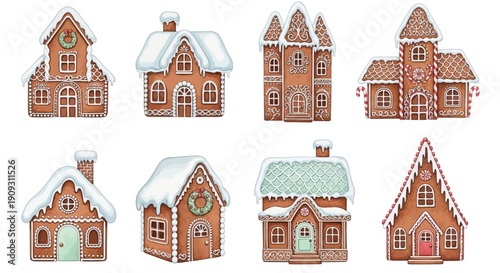 Collection of festive gingerbread houses with snow-covered roofs and decorations