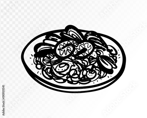 Hand drawn seafood plate with shrimp mussels lemon and herbs, summer restaurant meal doodle in clean minimal black line art style isolated on transparent background. Vector illustration