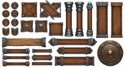 Ancient wooden architectural elements and shields displayed in a digital illustration showcasing various textures and designs
