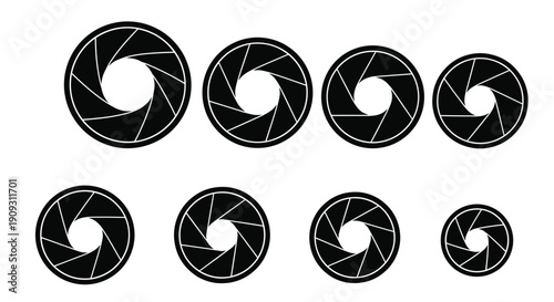 Collection of camera lens aperture icons showing different diaphragm opening sizes for photography and optical concepts.