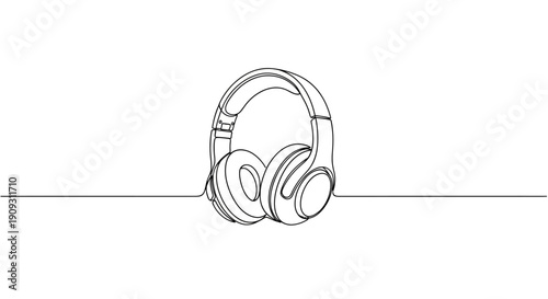 Continuous line drawing of headphones on a simple white background, illustrating a minimalist aesthetic and modern audio technology