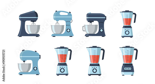 Kitchen appliance icon set featuring various stand mixers and blenders in blue and grey colors for cooking and food preparation.