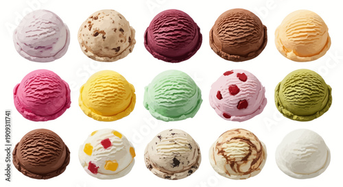 An overhead view of various colorful scoops of ice cream arranged in a grid pattern on a clean white background