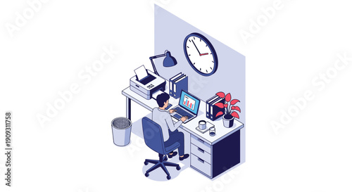 Person working at an office desk with laptop, printer, and files in an isometric illustration showing a productive workspace environment.