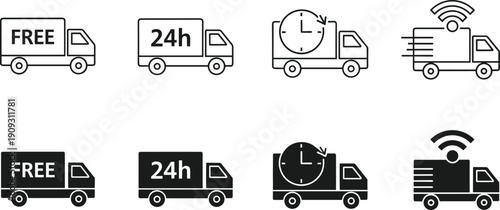 Logistics And Shipping Delivery Truck Icon Set Featuring Free Shipping, Twenty Four Hour Service, Fast Express Transport, And Wireless Tracking,