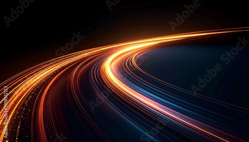 Speeding through a curved highway at night with motion blur and vibrant light trails