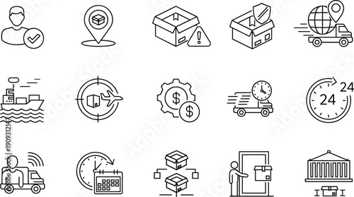 Logistics And Supply Chain Line Icon Set Featuring Global Shipping, Delivery Tracking, Warehouse Management, Freight Transportation, Distribution Services, And Commerce Icons,