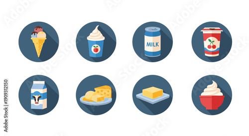 Selection of dairy and cold dessert icons including ice cream, milk, cheese, and yogurt on dark blue circular buttons.