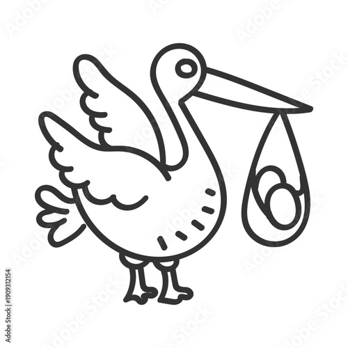 Cartoon Pelican Carrying Fish Line Icon – Coastal Bird Outline