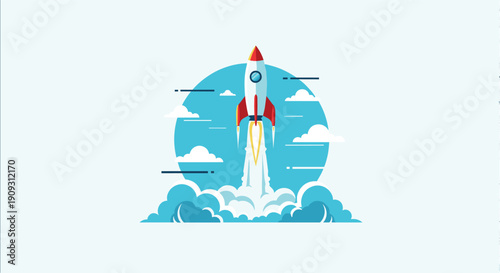 Colorful rocket ship taking off from a cloud of smoke with a bright teal moon and white clouds in the background.