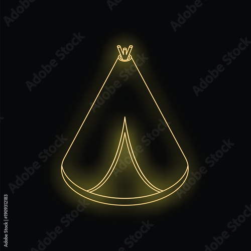Bright yellow neon sign depicting a teepee, perfect for themes of camping, indigenous culture, and the outdoors