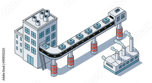 Isometric view of a factory building with a long conveyor belt transporting boxes between industrial sections representing automated processes.