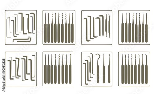 Lock Pick Tool Set - Black Silhouette of Tension Wrenches and Locksmith Picking Equipment Isolated on White