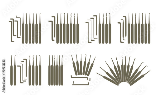 Lock Pick Tool Set - Black Silhouette of Tension Wrenches and Locksmith Picking Equipment Isolated on White