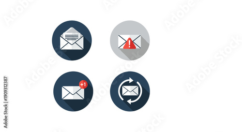 Four different email notification icons in circular frames showing an open envelope, an alert, a new message, and a synchronization symbol.