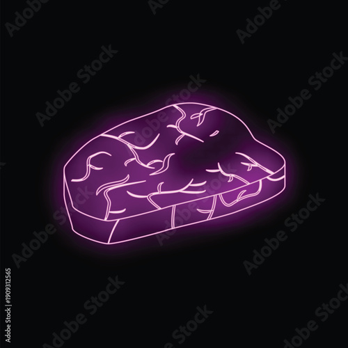 Neon purple steak sign glowing on a black background, perfect for restaurant advertising and menus