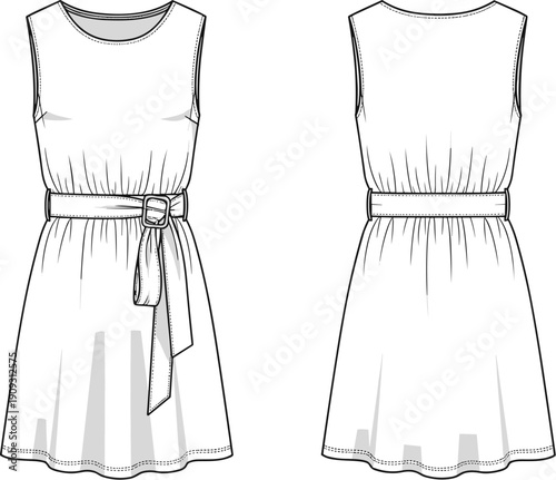 Fashionable Sleeveless Dress Technical Drawing for Design and Manufacturing: Modern Summer Style with Belt and Gathered Waist for Apparel Creation